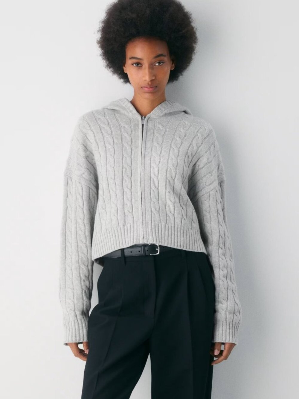 Aritzia Sunday Best Wool Blend Octavia Zip Hoodie Crop Sweater Cable-knit Gray